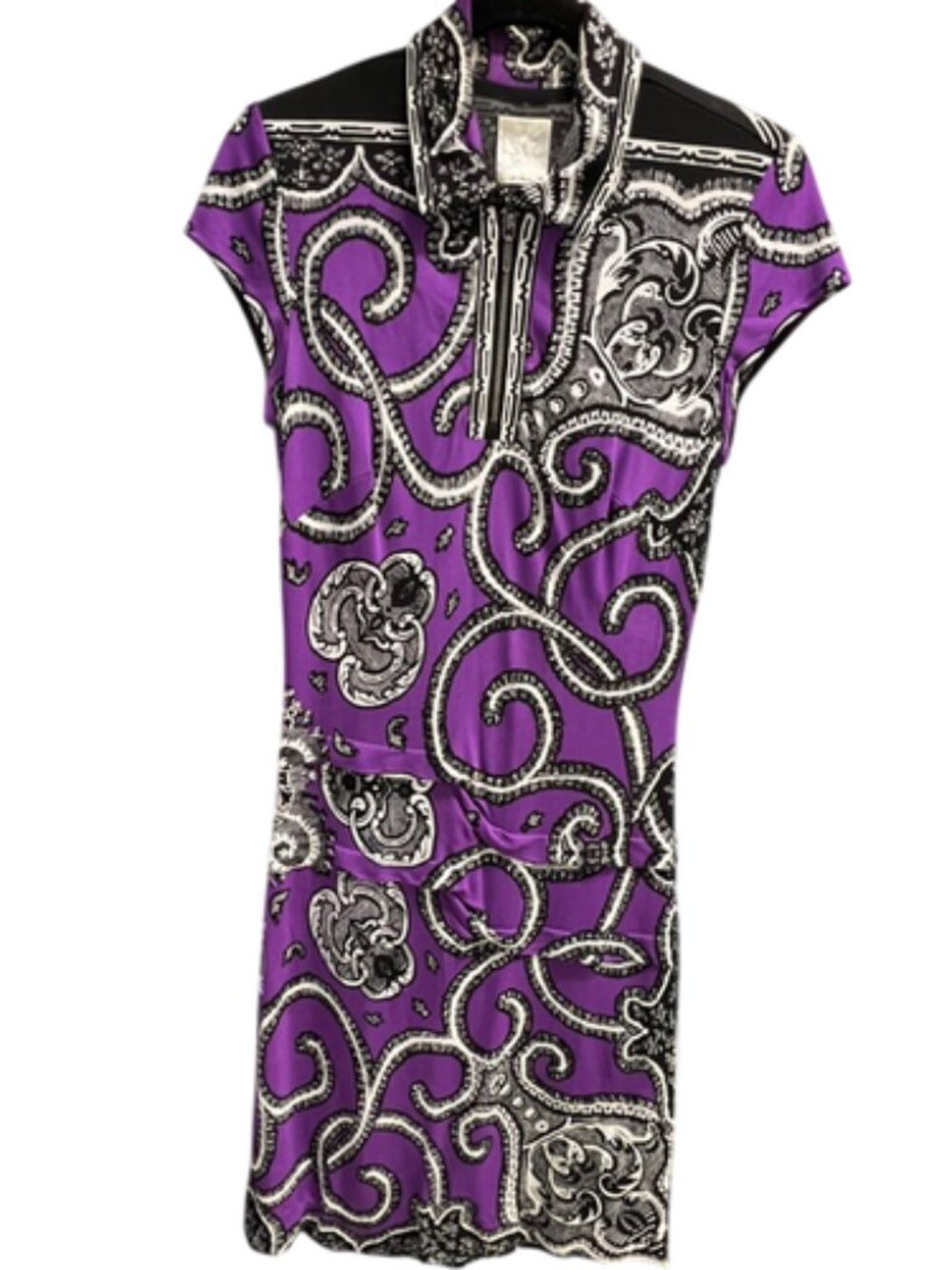 Nicole Miller Studio Purple Print Dress Small Short Sleeve Zip Neck Sheath